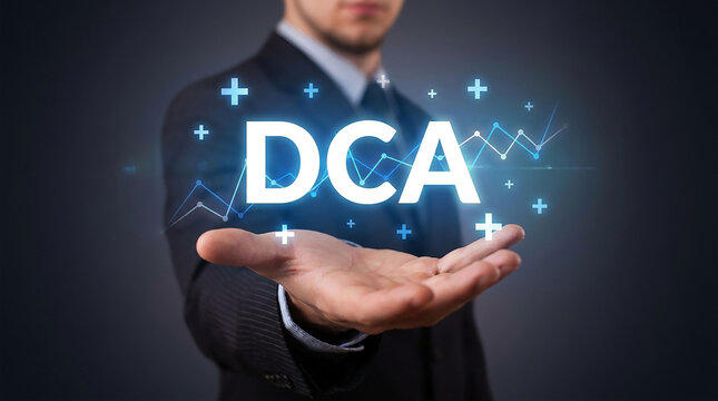 DCA Financial Strategy: A businessman in a suit holds out his hand, presenting the glowing acronym DCA amidst a backdrop of financial charts and digital indicators.