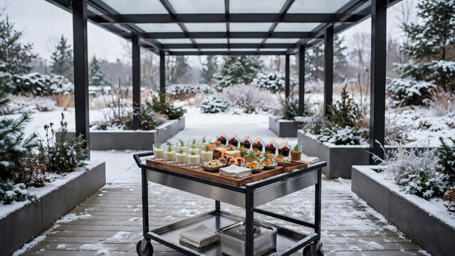 Outdoor buffet table in snowy winter garden