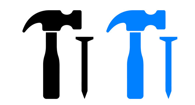 Black and blue hammer and nail icons for construction or home repair work and building tasks