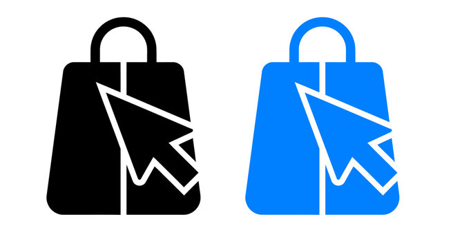 Black and blue online shopping bag icons with a computer mouse cursor arrow symbol