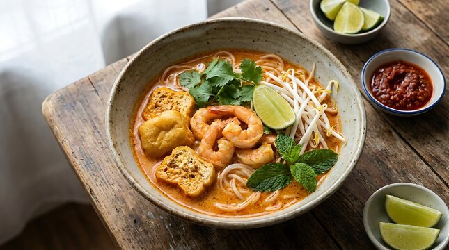 Delicious bowl of spicy shrimp laksa noodle soup with tofu and fresh lime on a rustic wooden table. Malaysian Cuisine