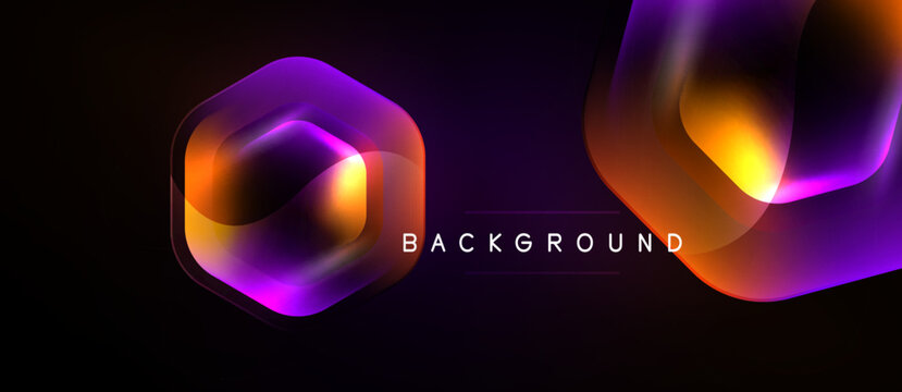 Abstract neon shapes overlap dark background. Vibrant purple, orange hues create dynamic visual effect. Modern design element.
