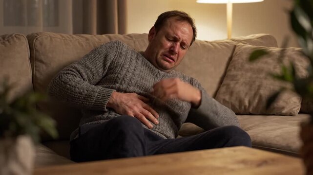 Distressed man on sofa with severe abdominal pain, crying in discomfort.