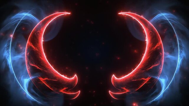 Glowing red crescent shapes with blue neon smoke swirling in animated abstract video footage for background use