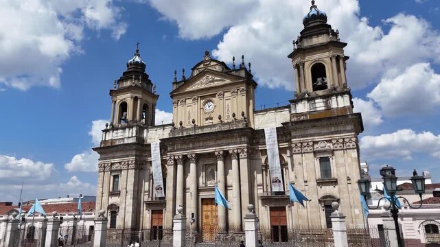 Metropolitan Cathedral of Guatemala City Under Blue Sky with White Clouds