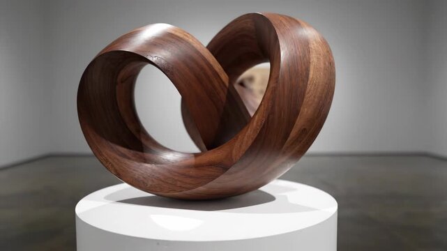 Elegant wooden abstract sculpture with intertwined loops on a white pedestal in a gallery.