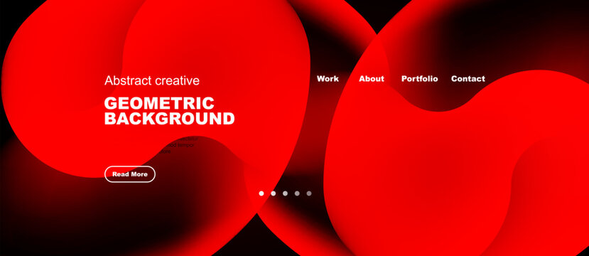 Abstract red shapes form dynamic background. Text elements present work, about, portfolio, contact options. Button invites further exploration.