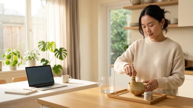 Woman whisking matcha during a bright morning home routine