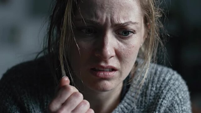 Close-up of a distressed woman biting her knuckles, expressing fear and anxiety.