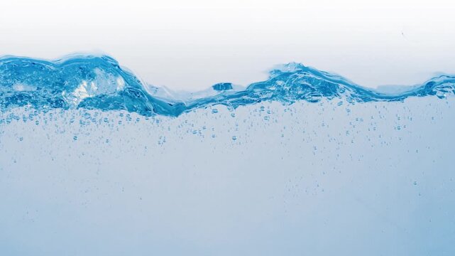 Abstract background featuring clean blue water surface with bubbles moving in slow motion captured in high quality studio footage.