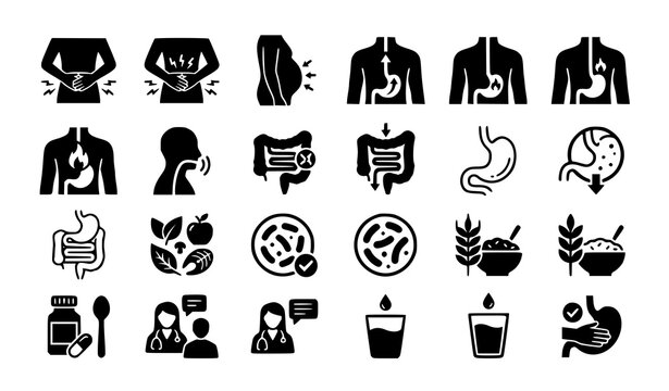 Stomach ache and digestive system health icon set featuring gut microbiome probiotics bloating acid reflux disease icons isolated vector illustration