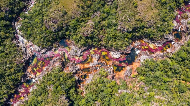 Ca&ntilde;o Cristales Rainbow River Colombia True Vertical Satellite View Peak Color Season