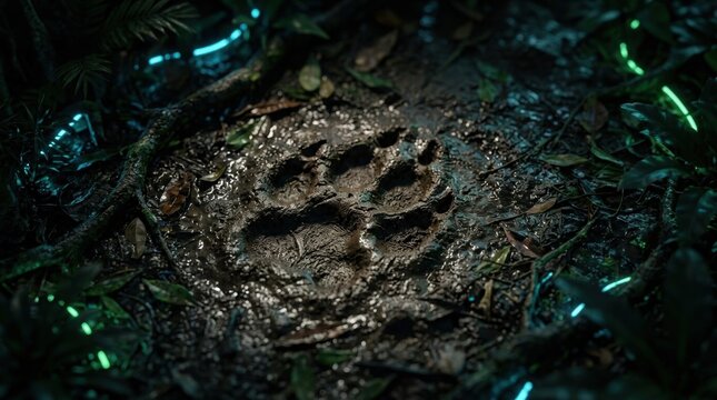Close-up of large predator paw print in wet mud on dark forest floor with glowing blue neon lines on roots and scattered green jungle foliage in a cinematic sci-fi setting.