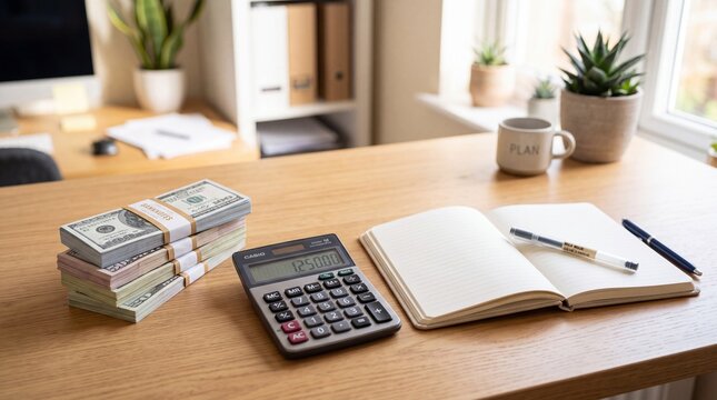 Cash, calculator, blank notebook, and pen arranged on a wooden desk, representing budgeting, accounting, savings, financial planning, and personal finance.