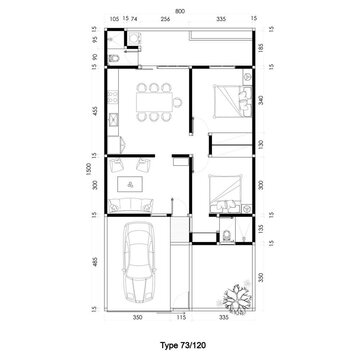 2D Architectural House Floor Plan Type 73 Animation with Furniture Layout and Dimensions. 2