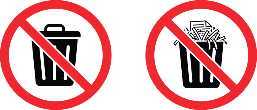 No littering and no trash disposal forbidden signs with waste bin icons