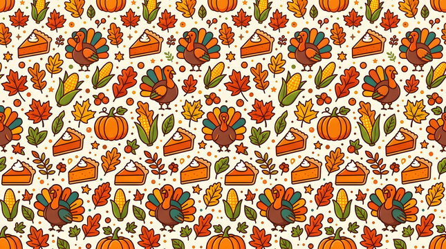 A festive seamless pattern featuring watercolor illustrations of turkeys pumpkins corn and autumn leaves for thanksgiving celebrations