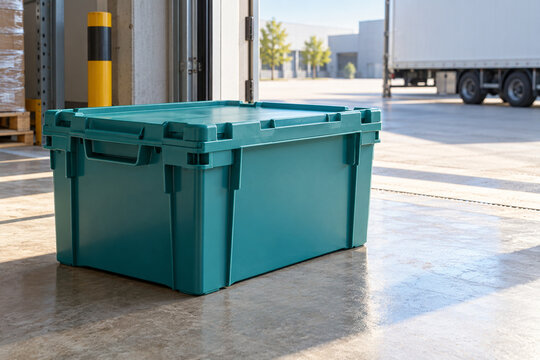 T&uuml;rkisfarbene Mehrwegtransportbox an einer Laderampe