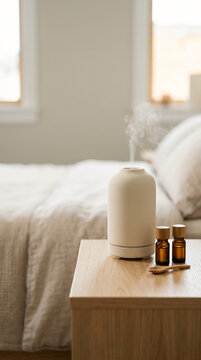Minimalist aromatherapy scene featuring an ultrasonic diffuser emitting mist next to essential oil bottles on a light wood bedside nightstand.