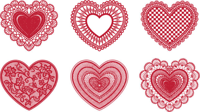 Intricate red lace heart doily vector set for valentines day decorations
