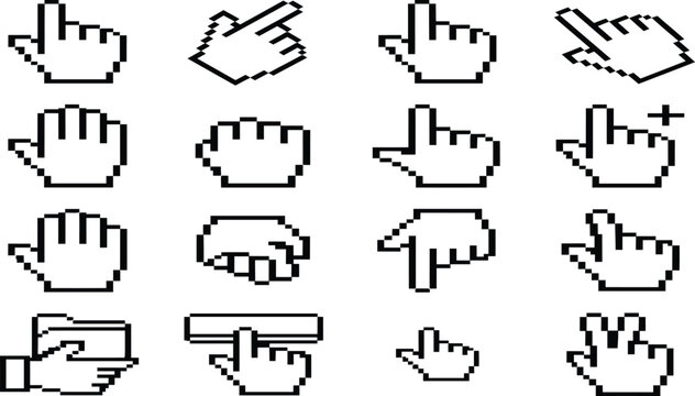 Vintage pixel art computer hand cursor and pointer line vector icon set