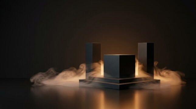 Matte black geometric podium with central cube and two rectangular columns on a tiered base, surrounded by swirling orange smoke and atmospheric light against a dark background.