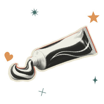 Retro halftone of a squeezed toothpaste tube with stars and heart, isolated on a white background