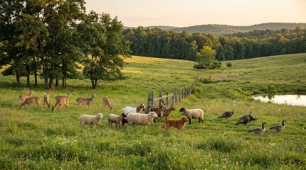 Fototapeta premium A herd of sheep and goats grazing in a lush green field with a wooden fence and a pond in the background. The scene is set in a rural landscape with trees and rolling hills. 