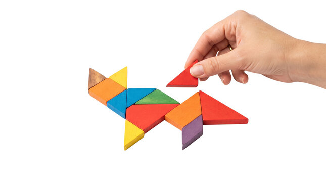 Colorful wooden tangram puzzle forming a cat shape, hand placing last triangular piece on isolated white background, creative problem solving concept