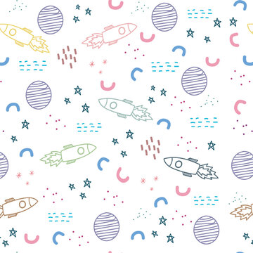 Cute outer space seamless pattern vector, doodle rocket ship and planet background, pastel nursery room wallpaper design