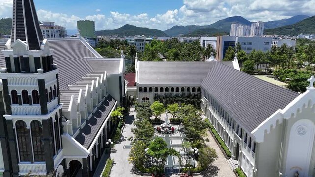 Aerial view of Ba Lang Church - catholic cathedral in the North part of Nha Trang city, central Vietnam.