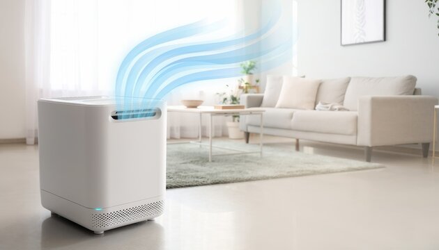 Modern portable air purifier cleaning air in bright living room with sofa