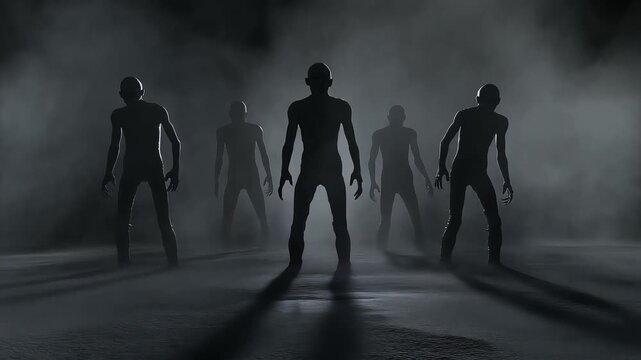 Spooky dark silhouettes of creepy humanoid creatures rising from foggy ground in motion video clip