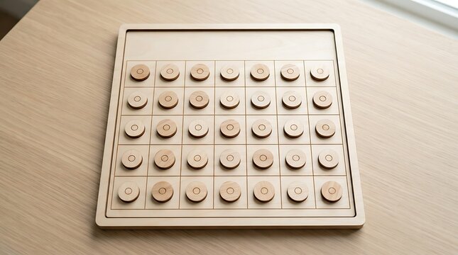 Tactile wooden matching board game with circular pegs placed inside square grid segments for learning.