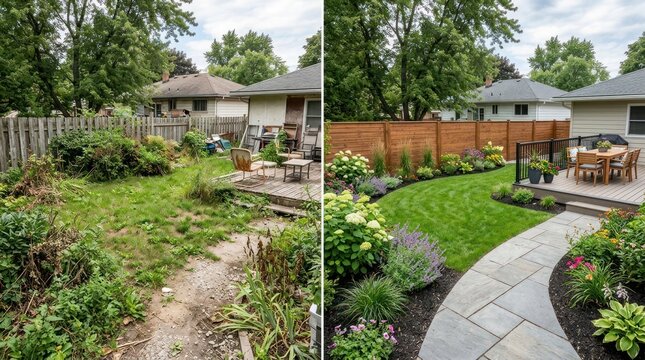 A before and after image of a backyard transformation, showcasing a grassy area with a wooden fence, a patio area, and various plants and flowers.