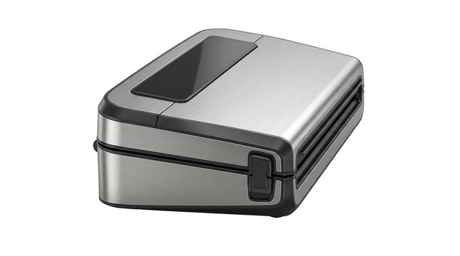 Stainless steel vacuum sealer machine, modern automatic food preservation appliance, electric vacuum packaging machine for home kitchen storage isolated PNG with Transparent Background