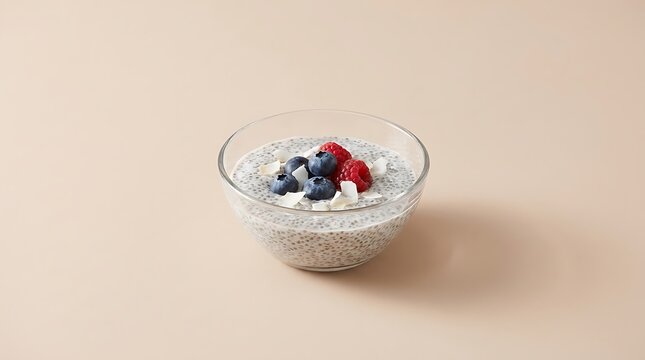 Healthy chia seed pudding in a glass bowl topped with fresh blueberries raspberries and coconut flakes. keto chia pudding