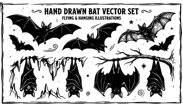Create a vintage botanical-engraving-inspired hand-drawn vector set of bats shown in diverse anatomical and flight studies. Include detailed front-view bats, side-view bats, extended wings, folded win