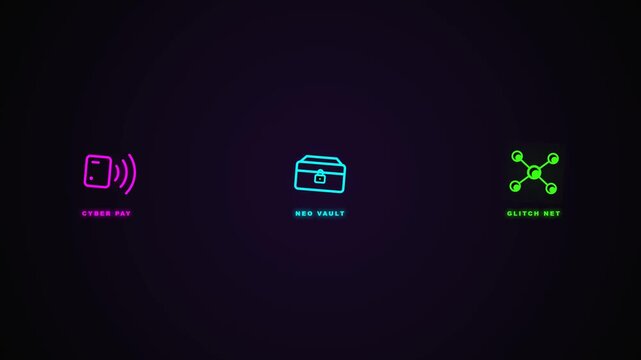 Cyberpunk neon glowing digital payment and secure crypto network hud icons
