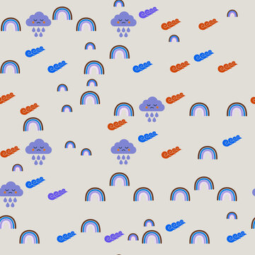 Sad clouds raining and rainbows pattern