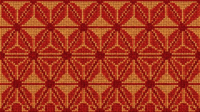 Seamless Japanese Asanoha Hemp Leaf Pattern Woven Textile Texture in Red and Ochre