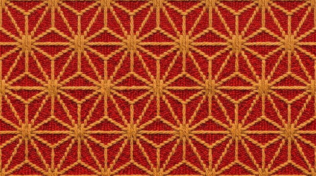 Seamless Japanese Asanoha Hemp Leaf Pattern Woven Textile Texture in Red and Ochre