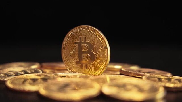 Rotating golden bitcoin coin standing vertically among pile of physical cryptocurrency coins on dark background with cinematic lighting.