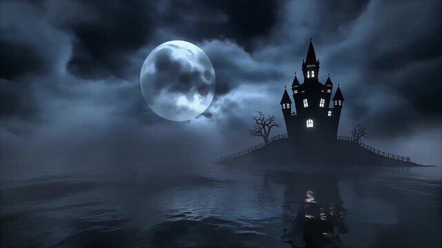 Spooky haunted castle silhouette standing on a lonely island under full moon lighting with dark rolling clouds video motion