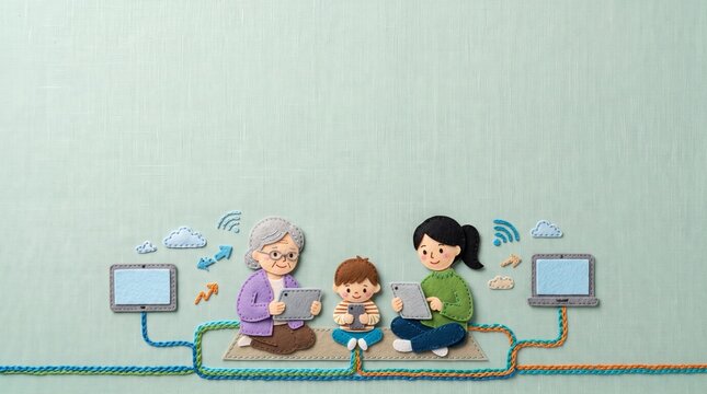 祖母と母親と子供がタブレットを囲んで楽しむイラスト デジタル機器を通じた世代間交流とスマートライフ   
