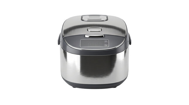 Modern electric rice cooker with stainless steel finish, multi-cooker kitchen appliance, electronic pressure cooker for home cooking isolated PNG with Transparent Background
