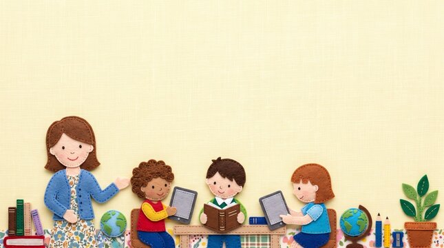 先生と児童たちがタブレットや本を使って学ぶ教室 多文化共生とデジタル教育を表すフェルトクラフトイラスト   