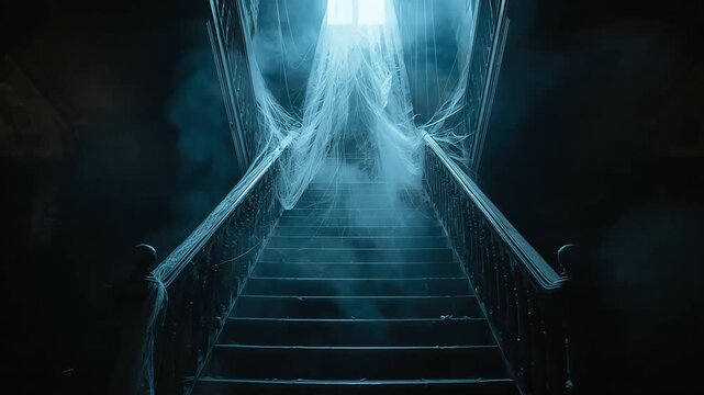 Spooky haunted mansion staircase draped in eerie cobwebs and mysterious fog in cinematic horror video footage