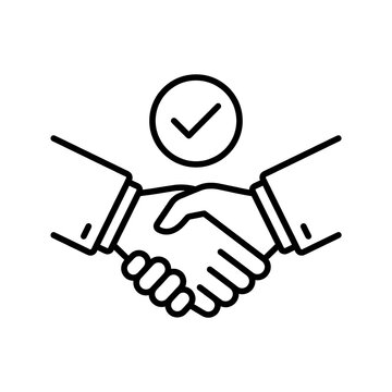 Business handshake line icon with circular check mark for agreement and deal confirmation