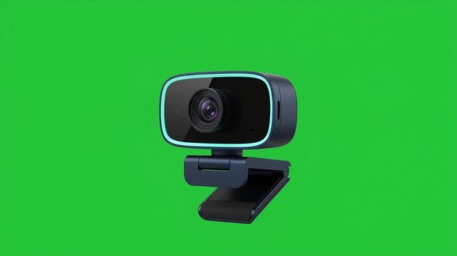 3D exploded view animation of digital webcam showing internal circuit board and lens components on green screen background